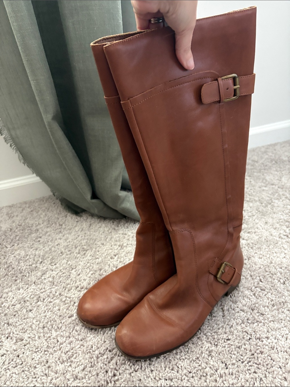 Nine West Knee High Leather Riding Boots in Cognac Brown